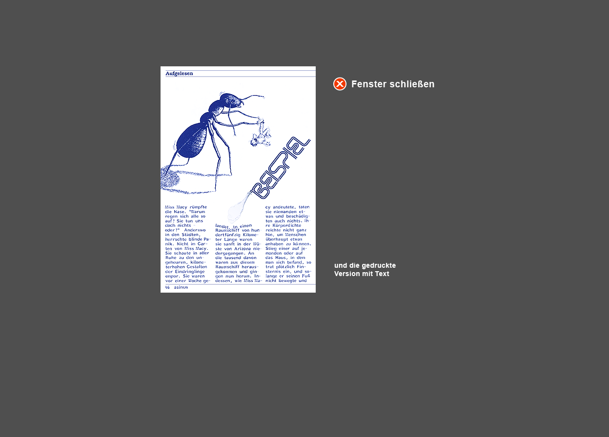 Abbildung der gedruckten Geschichte mit Tusche-Zeichnung "Riesen-Ameise kitzelt lachenden Jungen" und Text